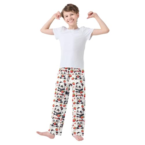 Hand Drawn Cute Panda with Strawberry Pajamas Bottoms with Pockets Comfy Pjs Sleepwear Elastic Waistband Pajamas Pants Lounge Pants for 6-14 Years2
