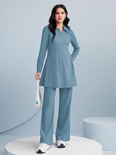 Image of TADKEE Women's Solid Color Two-Piece Set | Long Sleeve Top & Wide Leg Pants Co-ord Set | Casual Wear Co ord Set
