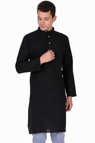 Image of Amazon Brand - Anarva Men's Handloom Cotton Solid Kurta Long Sleeves Straight Knee Length Long Shirt