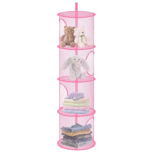 APOMOONS Hanging Mesh Storage Basket, Foldable 4 Tier Hanging Teddy Storage Net, Compartments Soft Toy, Small Toy Storage Bag for Cuddly Toys Clothes Sundries(A) (Pink)