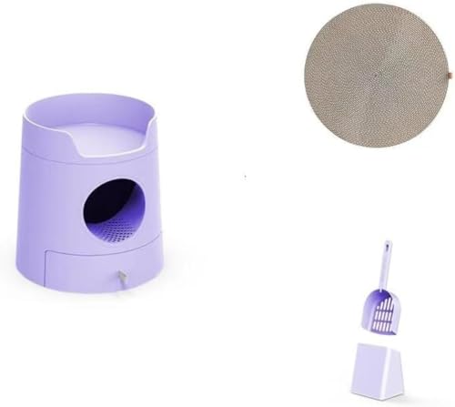Apaeofl猫 トイレ 猫スクラッチャー付 城風 上下2層 猫の巣 クッション付き 猫トイレ本体 引き出し式の猫トイレ本体 消臭ネコのトイレ スコップ付 清潔 大型猫 ニオイの広がり防止 砂の飛び散り防止 猫用品 (パープル)