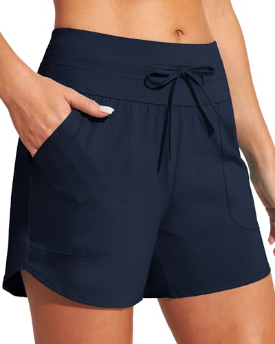 IUGA Womens 5" Swim Board Shorts Stretchy High Waisted Beach Shorts for Women Quick Dry UPF 50+ Swimsuit Bottoms with Liner Navy