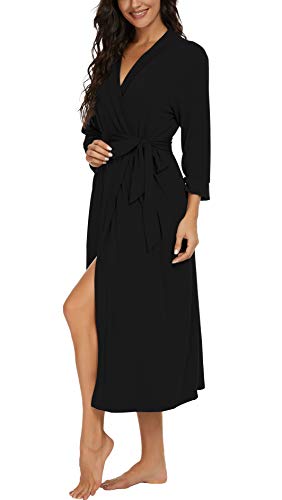 Vintatre Women Kimono Robes Long Knit Bathrobe Lightweight Soft Knit Sleepwear V-Neck Casual Ladies Loungewear Black-Medium #TOP3