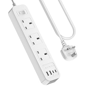 JSVER Extension Lead USB,7 IN 1 Power Socket with 3 Way and 4 USB Fast Charging Station(2 Type C and 2 USB-A) Power Strip 3250W 13A with 2M Power Cord for Home and Office-White