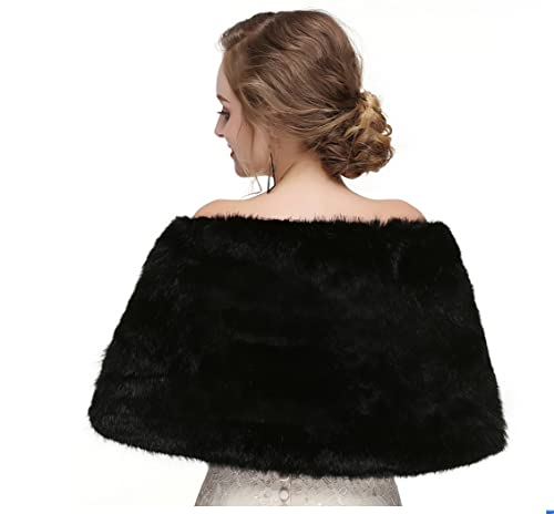Bounzhi Women 's Wedding Faux Fur Shawl Wraps Bridal Wedding Scarf Stoles Wedding Faux Fur shrug Shawl Fur Cover up with ribbon for Bride and Bridesmaids (Black)4