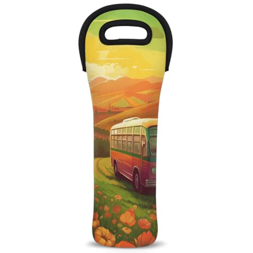 Neoprene Wine Tote Carrier Bag for Wine,Water, Champagne, Beer, Baby Bottles 15.6 x 5.1 Inches, Protective Wine Bag,Bus in Field
