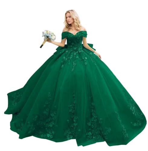 dideyttawl 3D Flower Tulle Prom Dress Off Shoulder Big Bow Full-Length Dresses for Sweet 16