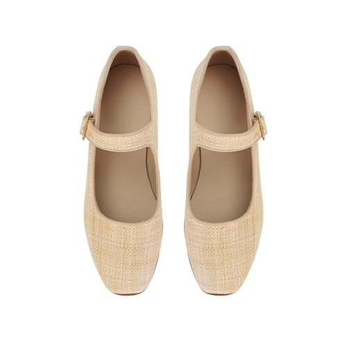 Image of DOEYG Raffia Mary Jane Ballet Flats for Women Square Toe Buckle Strap Ballerina Flats Comfortable Dress Shoes