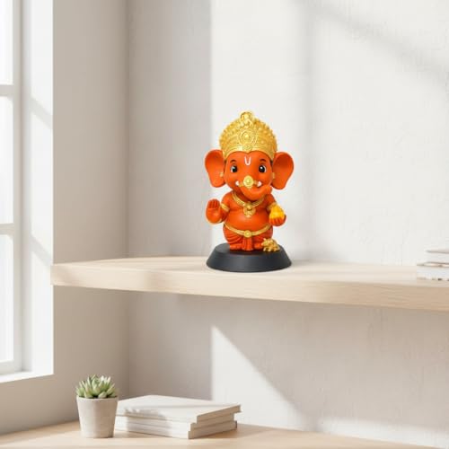 Image of Lord Kesari Ganesh Ji Idol, Kesari Gold Finish | Cute Ganpati Murti with Laddu, Resin Figurine, For Car Dashboard & Home Temple, For Pooja Room, Office Desk, Car Decor