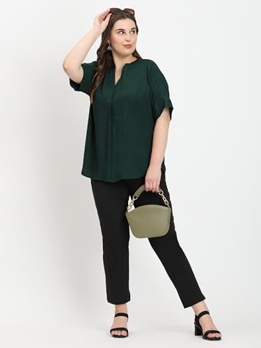 Image of SINDOORI Relaxed Fit Tops for Women Plus Size Solid Printed Mandarin Collar, Band Collar, V-Neck Top, Half Sleeve Loose Fit