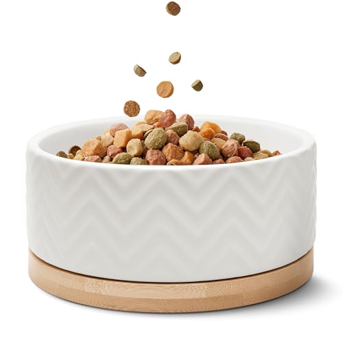 FREUDENTIER Comedero para perros de cerámica con base de bambú, 990 ml, antideslizante y apto para lavavajillas, moderno comedero para perros grandes y pequeños (blanco, 1 unidad)