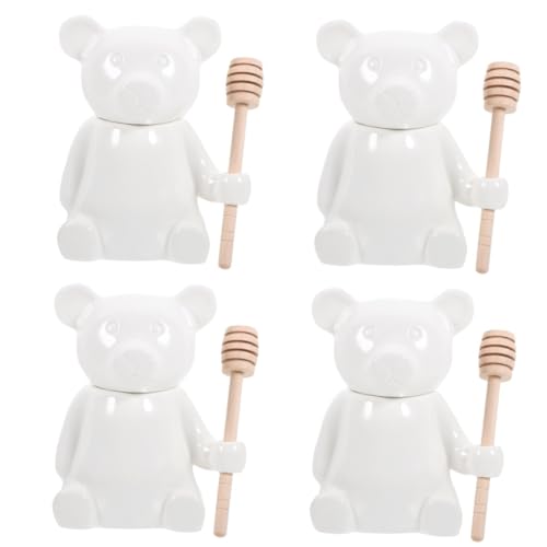 WRITWAA 4個セット セラミックハニージャー スクィーズ ウット バニーフィギュア ディッパー付き蜂蜜の瓶 シロップ容器 ディッパースティック付きのハニージャー セラミック、ブナ材 白い