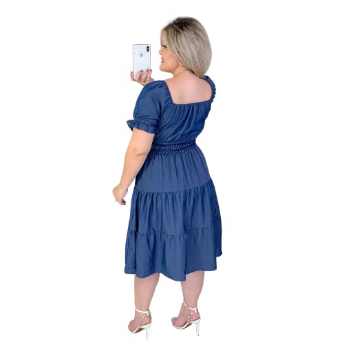 VESTIDO JEANS LEVE ESCURO EVASE MIDI CIGANINHA (G)