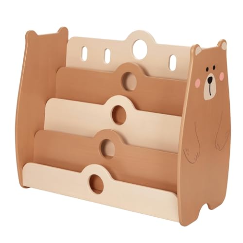 Image of OOOK Montessori Bookshelf for Kids, Pine Wood Baby Bookshelf, Bear Toddler Book Shelf for Nursery, Playroom, Classroom