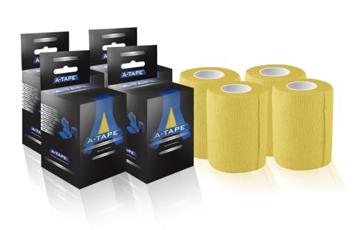 Image of A-Tape Breathable Self Adhesive Cohesive Bandage Wrap - Athletic Non-Woven for Sports, Medical Use, Injuries, Knee & Wrist Support - Suitable for Humans & Pets (Yellow, 7.5 cm Pack Of 4) | Cohesive Bandage