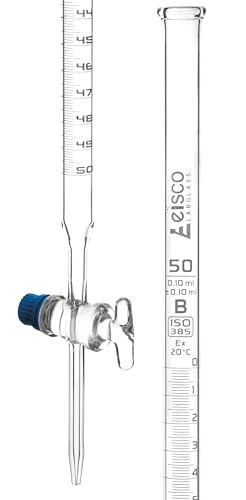 Eisco Lab Burette, 50mL - Class B - Glass Key Stopcock - 0.10mL White Graduations - Borosilicate Glass