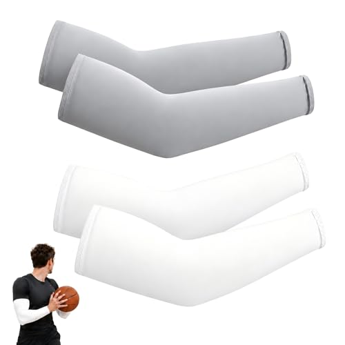 2 Pares Mangas para Brazos Deporte, Manguitos Ciclismo Running, Manga Brazo para Voleibol, Baloncesto, Golf, Fitness, Gaming, Padel, Cubrir Tatuaje, Hombre Mujer, Blanco y Gris Claro, 4 Piezas