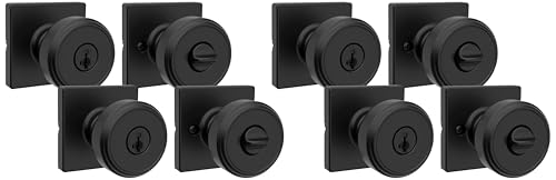 Image of Kwikset Maven Entry Door Knob with Lock and Key, Secure Keyed Handle Exterior, Square Front Entrance and Bedroom, Matte Black, Pick Resistant SmartKey Rekey Security and Microban (Pack of 4)