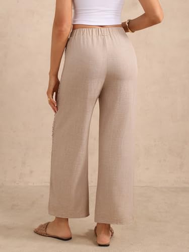 Women's Lace Wide Leg Linen Pants Drawstring High Waisted Dressy Casual Trousers with Pockets2