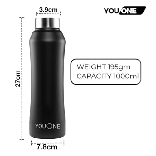 Image of YOUONE Stainless Steel Water Bottle (1 Litre, Set of 1)| Leak Proof Thunder for Fridge Home Office Travel School Kids Boys Girls Adults Sports Gym Yoga (Black)