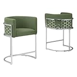 Best Quality Furniture Modern Barrel Bar Stools with Honeycomb Pattern, Teddy Fabric Upholstery - Green, Silver Chrome Finish