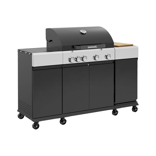 sweeek - Barbecue gaz 4 brûleurs + 1 feu latéral MAXIM noir. Acier. thermomètre intégré. récupérateur de graisse. grille de chauffe. L 145.5 x P 61.5 x H 143.5cm