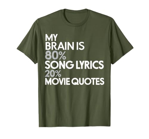My Brain is 80% Song Lyrics 20% Movie Quotes: Funny T-Shirt T-Shirt, Men, Olive Green, Small