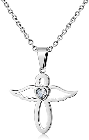 PHOCKSIN April Birthstone Necklace for Girls Clear Cubic Zirconia Infinity with Cute Angel Wing Pendant Necklaces