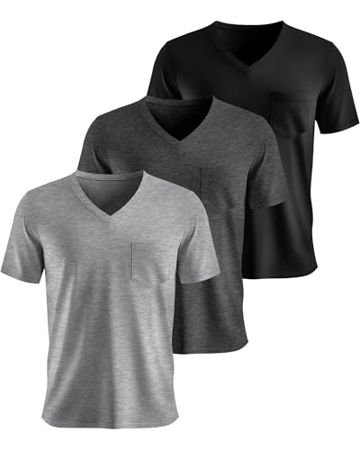 Ficerd 3 Pack Men's V Neck T Shirts Short Sleeve Plus Size Tee Loose Casual Top Cotton Basic Oversized Shirts with Pocket2