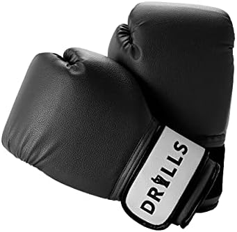 DRILLS Durable Boxing Training Gloves for Men, Women, & Kids – Ideal for Kickboxing, MMA, Muay Thai, Sparring, Mitt Work, Punching and Heavy Bag Workouts, 12 oz- Black