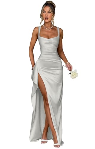 Lqdyrt Silver Satin Mermaid Prom Dress for Women 2025 Long V-Neck Ruffled Slit Spaghetti Straps Evening Gowns Formal Dress US0