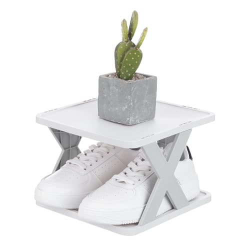 uxcell 2-Tier Plastic Shoe Rack, Vertical Shoe Rack Stackable Storage Organizer Folding Space-Saving Narrow Slot Shelf for Closet Livingroom Entryway Garage, Gray/White
