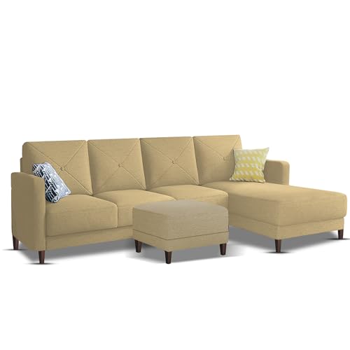Image of Baloney RHS 6 Seater L Shape Sofa Set with Center Table for Living Room (Cream Fabric) Premium Fabric Sofa