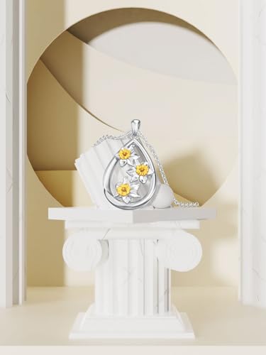 Teardrop Daffodils Necklace 925 Sterling Silver March Birth Flower Pendant Floral Birthday Jewelry Gift for Women3
