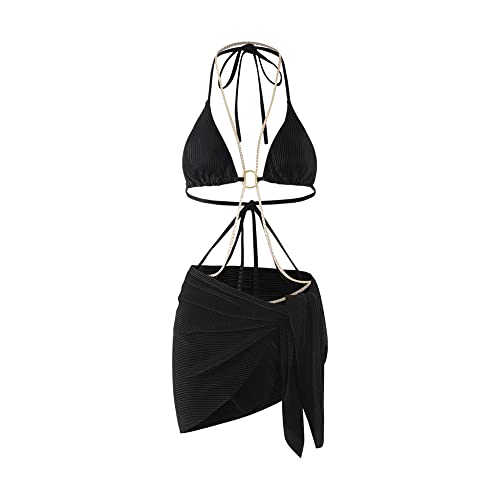 Conjuntos de Bikinis para Mujer Traje de Baño Acolchado de Push Up Tres Piezas Bikini de Triángulo Tanga Bañador con Relleno Cuello en V Ajustable Halter Pareos Playa Sarong