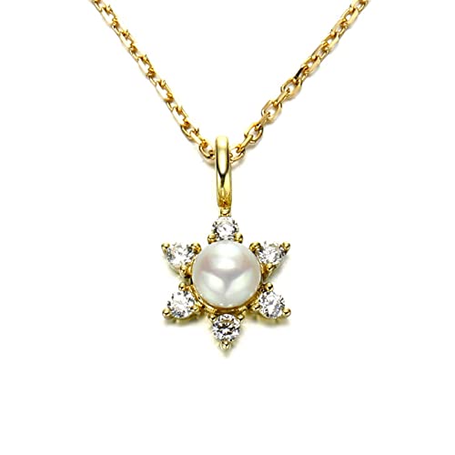 Collier en or véritable 18 carats pour femme avec perle blanche et pendentif fleur