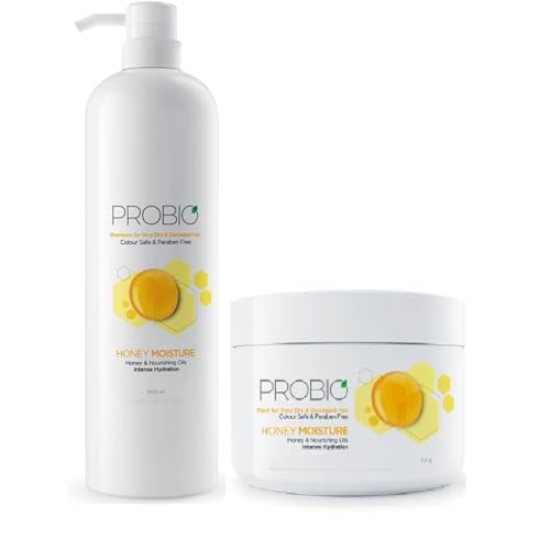 Image of God-rej Professional Pro-bio Honeey Moisture Shampoo (1000ml) and Probio Honey Moisture Hair Mask (500 g) | Colour Safe & Paraben Free | with Honey & Nourishing Oils | Intense Hydration | For very Dry & Damaged Hair