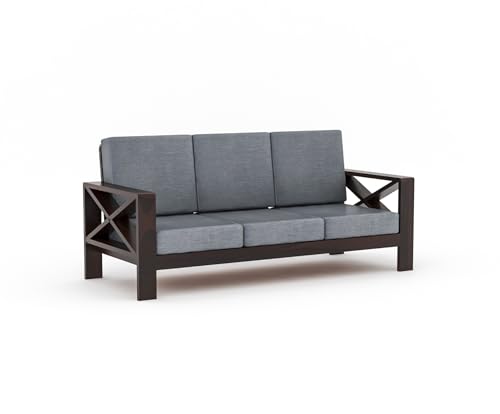 Image of Sheesham Wooden 3 Seater Sofa for Living Room | Rosewood 3 Seater Cushion Sofa X-Legs | Solid Wood Sofa Set for Lounge (3 Seater,Walnut Finish)