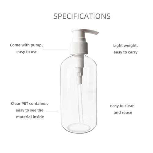 Empty Plastic Bottles with Pump Dispenser, 8 oz, Clear/White, 2 Pack, Refillable Containers for Body Wash, Moisturizer, Face Cream, Liquid Soap3