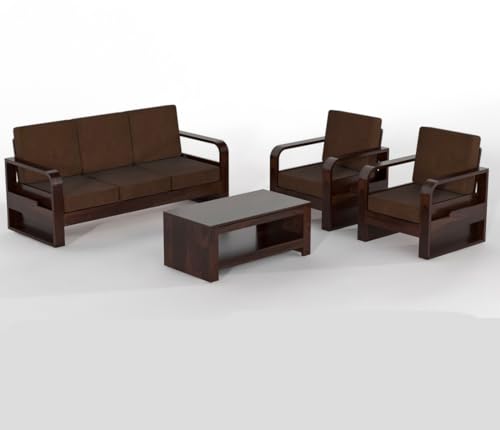 Image of Solid Sheesham Wooden 5 Seater Sofa Set for Living Room | Sofa Set with Side Pocket Storage & Cushion | Rosewood Sofa Set for Home (Walnut with Brown Cushion, 5 Seater)