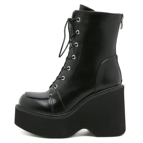 Image of Parisuit Womens Goth Patent Ankle Boots Platform Chunky Combat Boots | Lace Up, Gothic Boots, High Heel, Punk Short Booties, Buckle Boots, Chain Boots