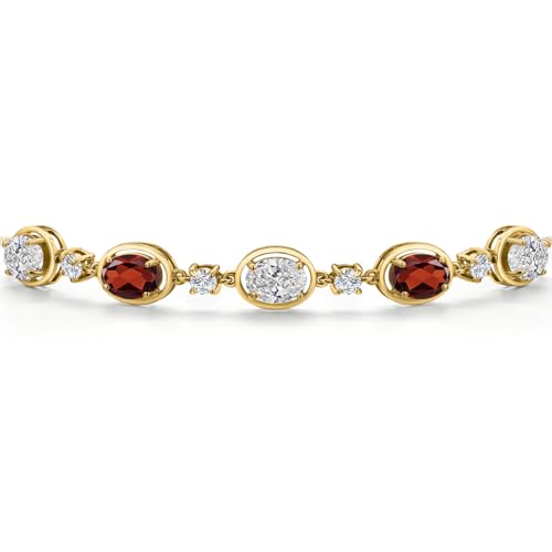 Gem Stone King 18K Yellow Gold Plated Silver White Lab Grown Diamond and Red Garnet Bracelet For Women | 4.10 Cttw | Gemstone April Birthstone | Oval 7X5MM | Fully Adjustable 9 Inch3