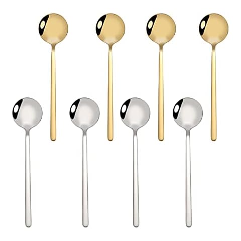 8 Stück Glänzende Goldene Kaffeelöffel, Set Runde Kaffeeloeffel, Edelstahl Teelöffel, Hochglanzpoliert Cover