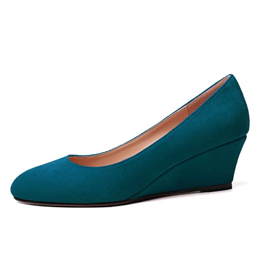 WAYDERNS Womens Solid Round Toe Dating Suede Casual Slip On Wedge Low Heel Pumps Shoes 2 Inch2