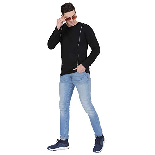 Image of Men Black Zip Detailing Front Round Neck Cotton Full Sleeve T-Shirt