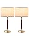 EDISHINE Mid Century Table Lamp Set of 2, Pull Chain Switch Bedside Lamp, Linen Shade, Solid Wood Pole & Bronze Brushed Metal Base, Modern Nightstand Lamp for Bedroom, Living Room, Office, E26 Base