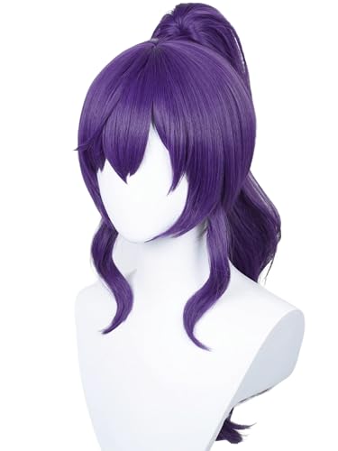 Image of Long Curly Purple Ponytail Anime Wig with Bangs 23.6'' Dark Purple Wigs | Deep Purple Pigtail Wig Synthetic Hair for Women Halloween Costume Party