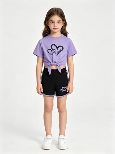 Image of Girls 6 Pieces Summer Outfits Casual Short Sleeve Tee Tops and Dolphin Shorts Set 4-12Y