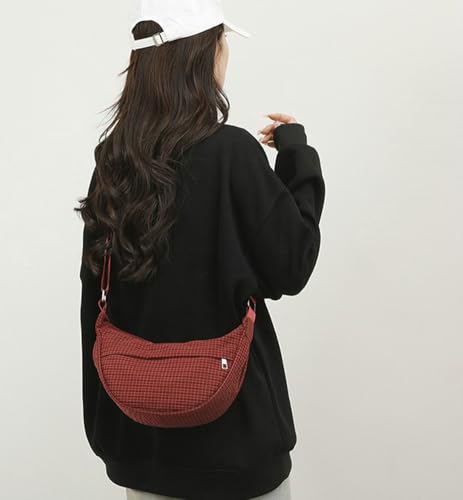 Trendy Women's Plaid Nylon Crescent Crossbody Bag Retro Half Moon Purse with Adjustable Strap for Weekend Vacation2
