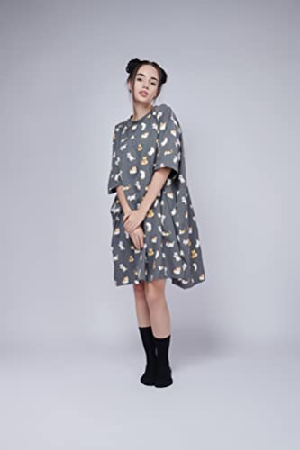 Image of LAMA STORE Women's Printed Oversized T-Shirt Dress, Cotton, 3 /4 Sleeve Length, Casual Loose Fit, Comfort Wear Extra Comfy Oversized Printed Pocket T-Shirt Dress